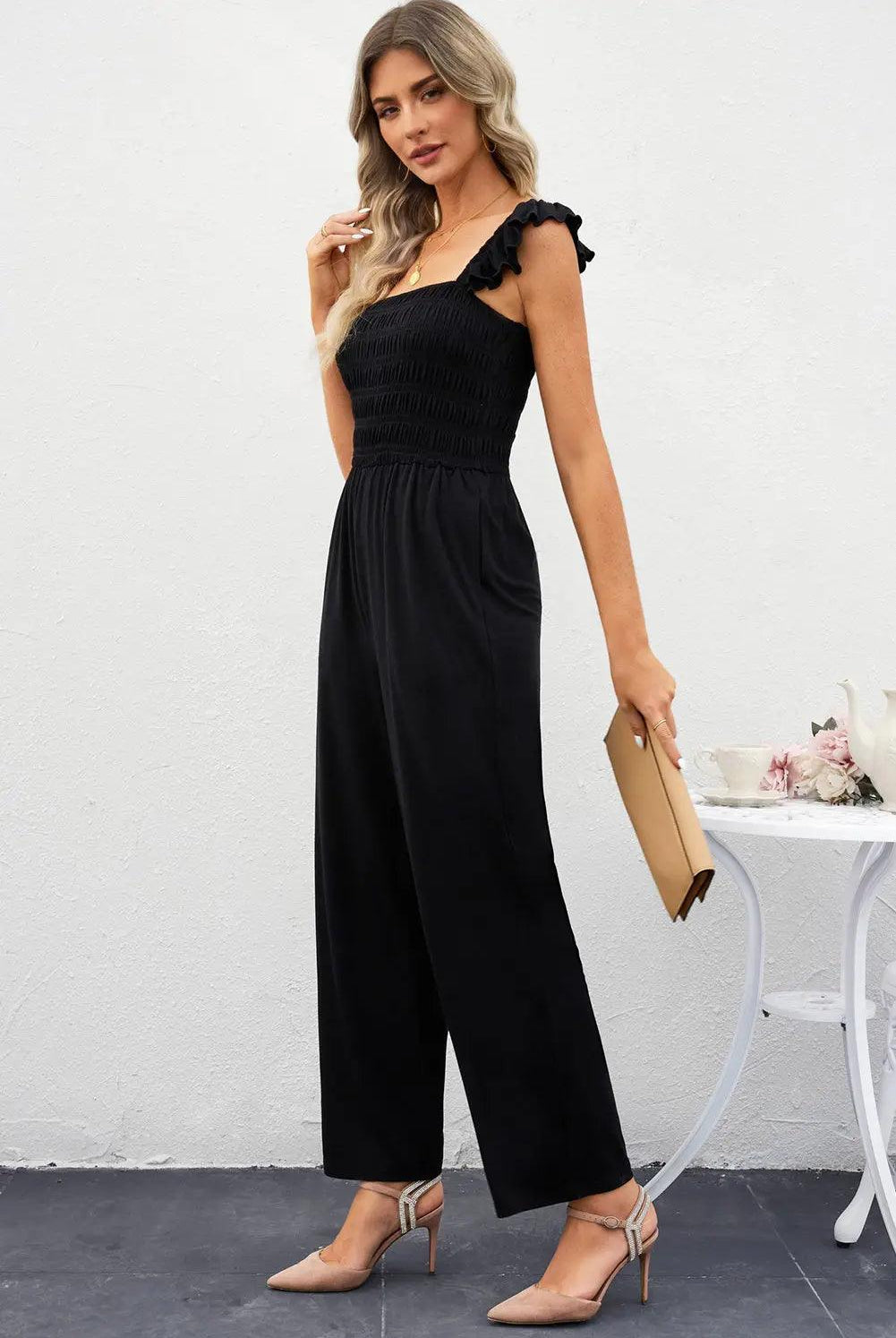 Smocked Square Neck Wide Leg Jumpsuit with Pockets.