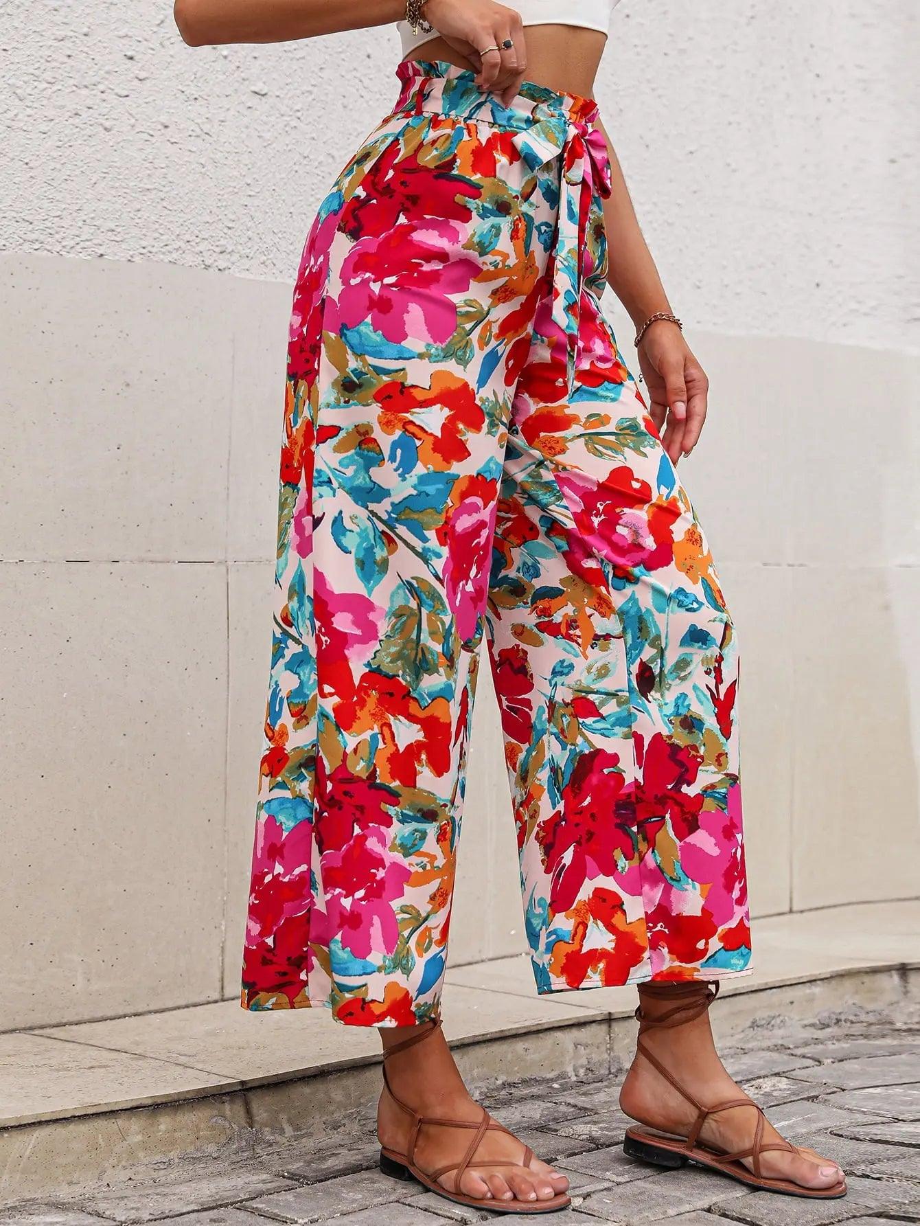 Floral Tie Belt Wide Leg Pants - Elena Rae Co.