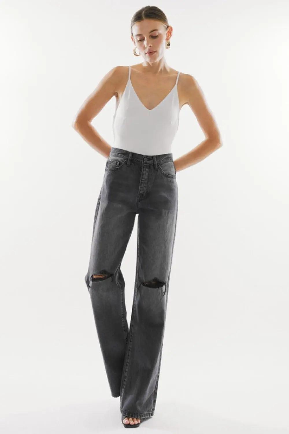 Kancan High Waist Distressed Knee Jeans.