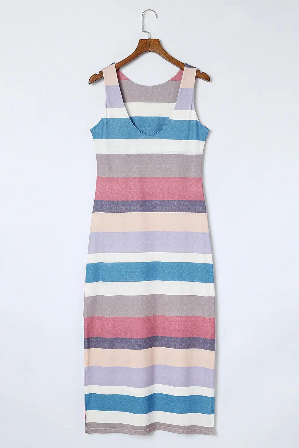 Striped Slit Sleeveless Maxi Dress - Elena Rae Co.