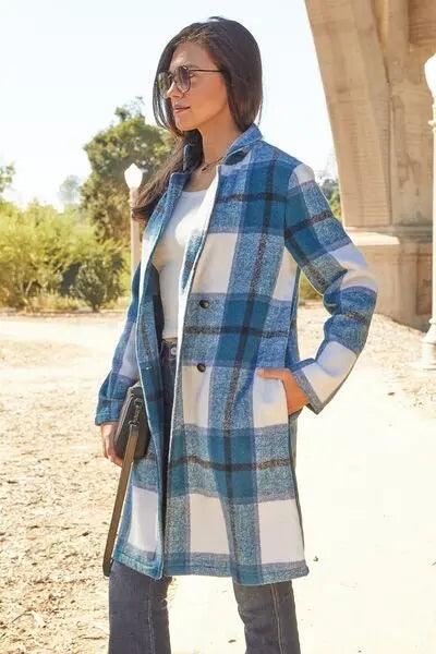 Double Take Full Size Plaid Button Up Lapel Collar Coat - Elena Rae Co.